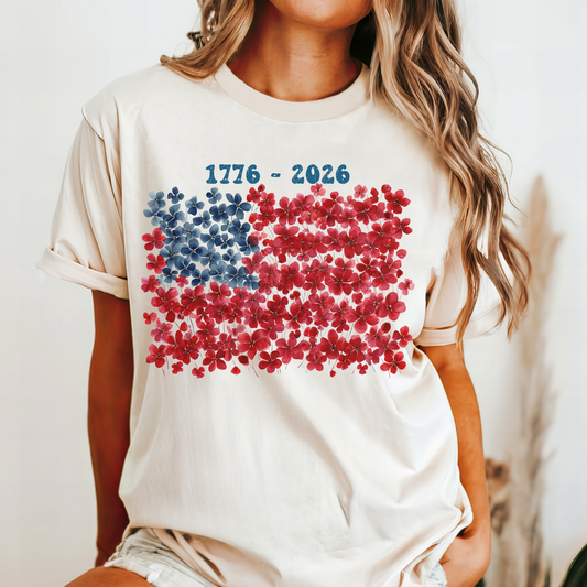 July 4th 250th celebration shirt with flower flag for independence day.