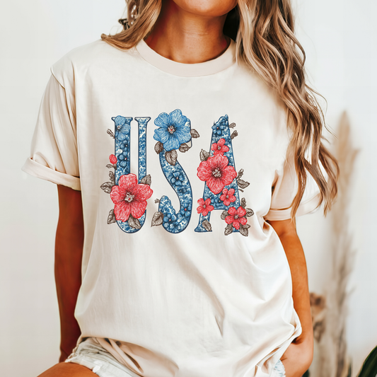 July 4th 250th celebration shirt with flowers for independence day.