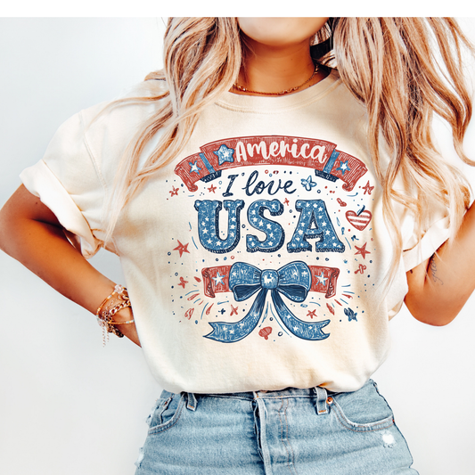 July 4th 250th celebration shirt with flag coquette bow for independence day.